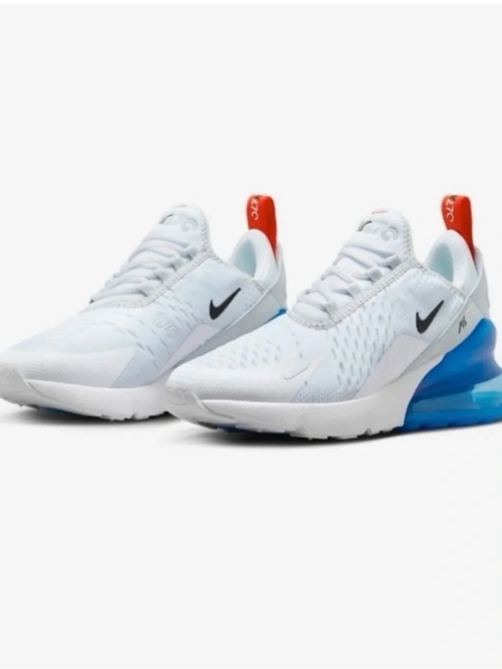 Nike Air Max 270 White with Blue Heel and Red Pull Tab